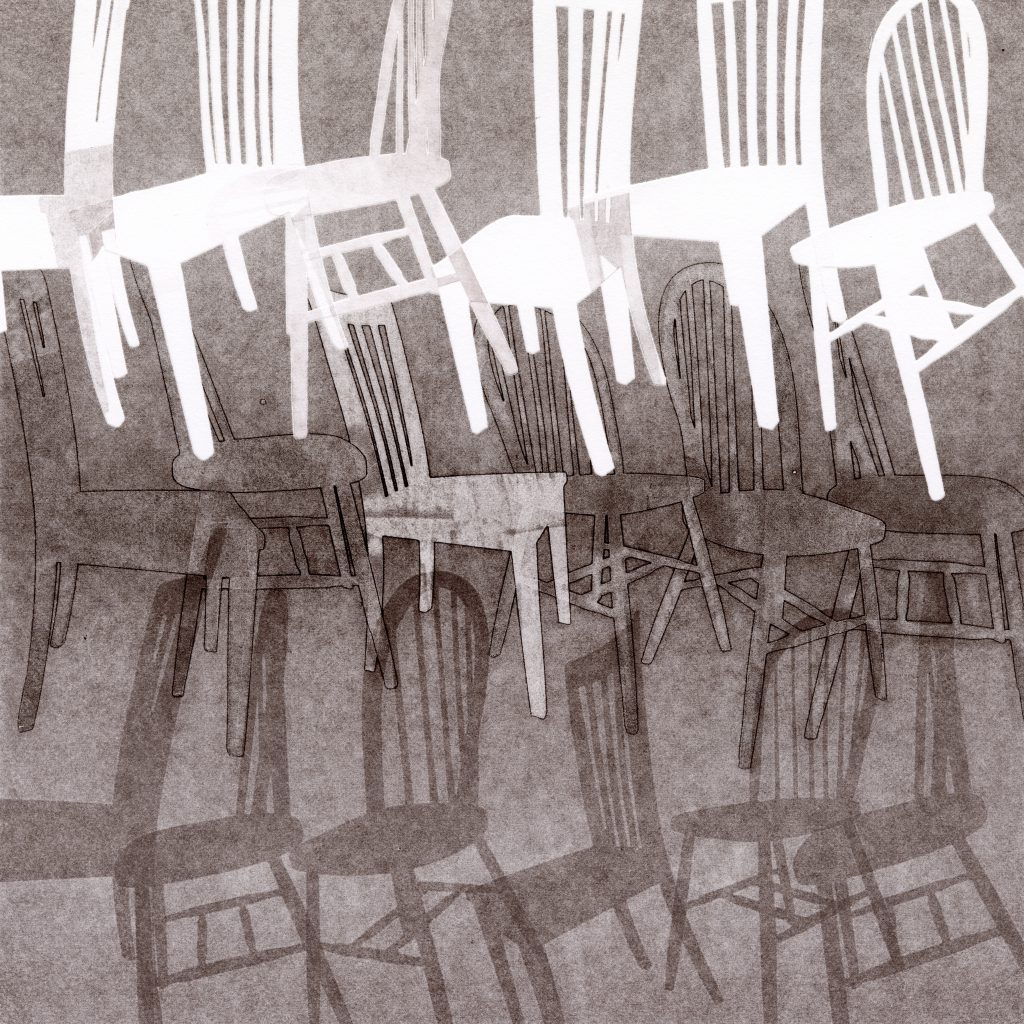 The image shows an artwork made by Chenxi Gao using a printmaking technique. In the print there are 6 white amish style (spindle) chairs lined up across the top followed by 5 outlined chairs in the middle of the print and 6 chairs in a grey tone lined up on the bottom of the print. 
