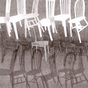The image shows an artwork made by Chenxi Gao using a printmaking technique. In the print there are 6 white amish style (spindle) chairs lined up across the top followed by 5 outlined chairs in the middle of the print and 6 chairs in a grey tone lined up on the bottom of the print. 